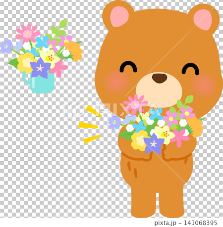 たくさんの花を抱えたクマのキャラクター たくさんの花を抱えたクマのキャラクター 141068395