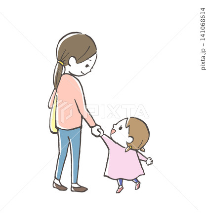 手をつないで歩く母親と女の子 親子のイラスト 手をつないで歩く母親と女の子 親子のイラスト 141068614