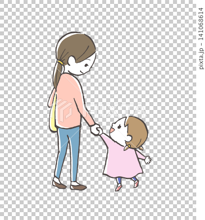 手をつないで歩く母親と女の子 親子のイラスト 手をつないで歩く母親と女の子 親子のイラスト 141068614