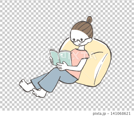 An illustration of a woman relaxing on a cushion and reading a book. An illustration of a woman relaxing on a cushion and reading a book. 141068621