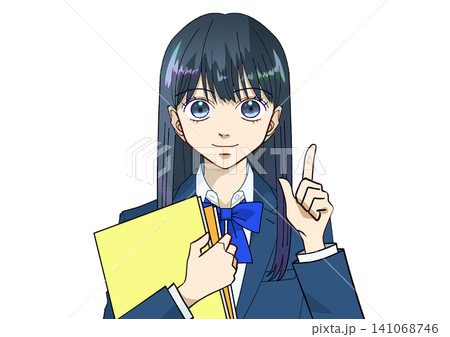 本またはノートを持って笑顔で指差しポーズをしている女子学生のアニメ風イラスト、白バック 本またはノートを持って笑顔で指差しポーズをしている女子学生のアニメ風イラスト、白バック 141068746