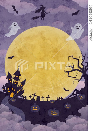 大きな満月が輝くハロウィンの夜の風景イラスト 大きな満月が輝くハロウィンの夜の風景イラスト 141068864