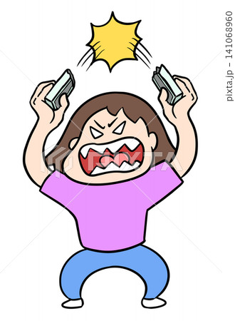 激怒して頭上でスマホを真っ二つに折り破壊するコミカルな女性のイラスト 141068960