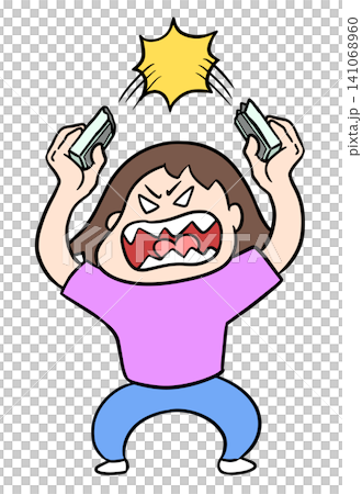 激怒して頭上でスマホを真っ二つに折り破壊するコミカルな女性のイラスト 141068960