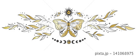 Celestial mystic moth with moon and sun symbols. Outline vector butterfly in vintage style with floral elements for witchy tattoo, tarot and esoteric decor. Celestial mystic moth with moon and sun symbols. Outline vector butterfly in vintage style with floral elements for witchy tattoo, tarot and esoteric decor. 141068975