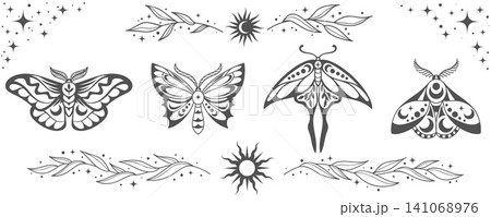 Celestial moth illustration with moon and sun symbols. Vintage outline butterfly vector with floral elements for tarot and esoteric vector decor. Celestial moth illustration with moon and sun symbols. Vintage outline butterfly vector with floral elements for tarot and esoteric vector decor. 141068976