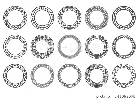 Circular Greek pattern frame with Roman ornament and classic meander motif. Round vector border ring in ancient geometric neoclassical style with elegant decorative elements. Circular Greek pattern frame with Roman ornament and classic meander motif. Round vector border ring in ancient geometric neoclassical style with elegant decorative elements. 141068979