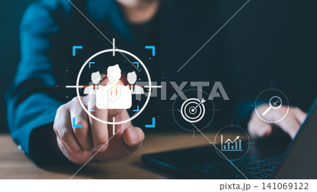 Professional HR recruitment and talent acquisition concept. Businessman hand pointing at target icon to select candidate for executive leadership, human resources management, and career growth Professional HR recruitment and talent acquisition concept. Businessman hand pointing at target icon to select candidate for executive leadership, human resources management, and career growth 141069122
