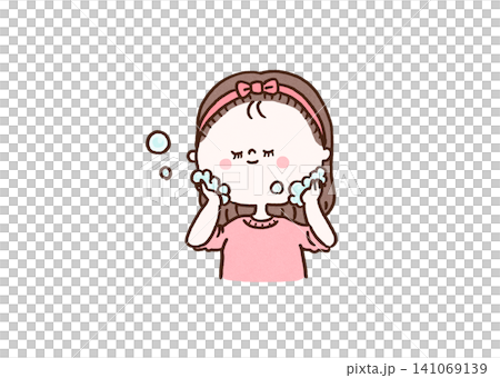A woman carefully washing her face with fluffy foam (skincare/face washing) 141069139