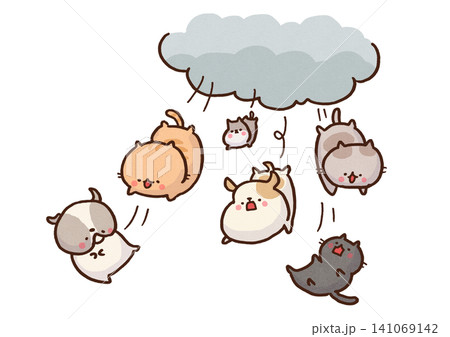 雨雲からたくさんの猫や犬が降ってくるイラスト(It's raining cats and dogs) 雨雲からたくさんの猫や犬が降ってくるイラスト(It's raining cats and dogs) 141069142