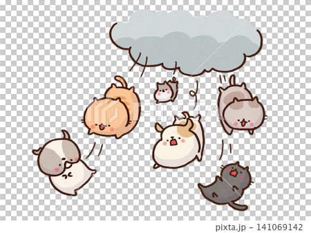 An illustration of many cats and dogs falling from a rain cloud. An illustration of many cats and dogs falling from a rain cloud. 141069142