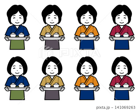 [髪型違い] 汁椀を運ぶ作務衣に前掛けの女性のアイコン 141069263