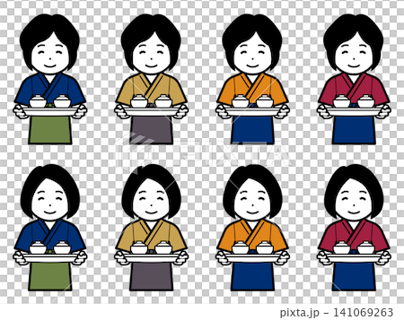 [髪型違い] 汁椀を運ぶ作務衣に前掛けの女性のアイコン 141069263