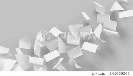 Dynamic blank white paper sheets flying and swirling diagonally on gray 3d background. Render realistic curled, scattered pages of wind movement, document chaos or creative workflow. 3D illustration Dynamic blank white paper sheets flying and swirling diagonally on gray 3d background. Render realistic curled, scattered pages of wind movement, document chaos or creative workflow. 3D illustration 141069265