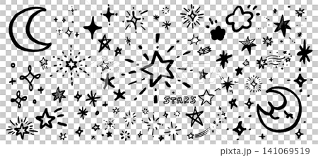 手書きの星と月の素材。キラキラ、スパークルの装飾。 手書きの星と月の素材。キラキラ、スパークルの装飾。 141069519