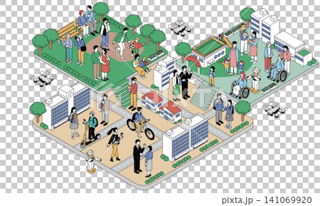 Isometric illustrations of a city and people of multiple generations: parks, offices, elderly care, AI, drones, smart cities Isometric illustrations of a city and people of multiple generations: parks, offices, elderly care, AI, drones, smart cities 141069920
