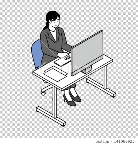 一幅插圖,描繪了一位身穿西裝的女士在辦公桌前使用電腦工作。 (等距商務插畫) 一幅插圖,描繪了一位身穿西裝的女士在辦公桌前使用電腦工作。 (等距商務插畫) 141069923
