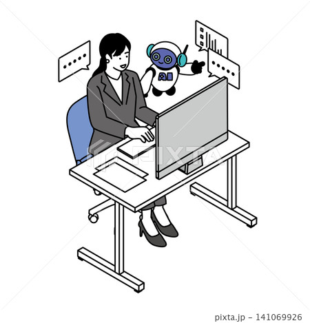オフィスでAIロボットと協働するスーツ姿の女性のイラスト　アイソメトリック・生成AI・DX 141069926
