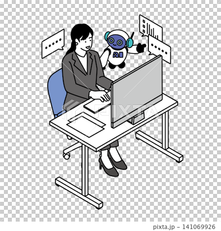 オフィスでAIロボットと協働するスーツ姿の女性のイラスト　アイソメトリック・生成AI・DX 141069926