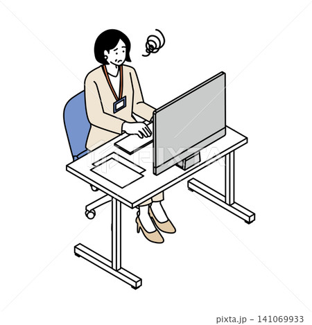 社員証をつけた中高年女性がパソコン作業中に困惑するイラスト アイソメトリック・管理職・ストレス 社員証をつけた中高年女性がパソコン作業中に困惑するイラスト アイソメトリック・管理職・ストレス 141069933