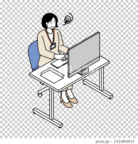 社員証をつけた中高年女性がパソコン作業中に困惑するイラスト アイソメトリック・管理職・ストレス 社員証をつけた中高年女性がパソコン作業中に困惑するイラスト アイソメトリック・管理職・ストレス 141069933