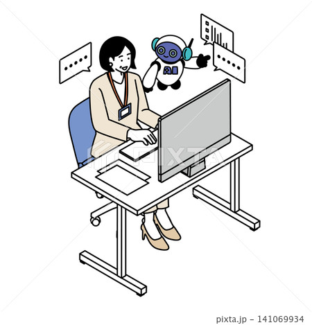 社員証をつけた中高年女性がAIロボットと協働するイラスト アイソメトリック・生成AI・DX・管理職 社員証をつけた中高年女性がAIロボットと協働するイラスト アイソメトリック・生成AI・DX・管理職 141069934