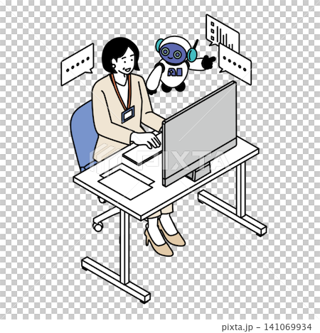 社員証をつけた中高年女性がAIロボットと協働するイラスト アイソメトリック・生成AI・DX・管理職 社員証をつけた中高年女性がAIロボットと協働するイラスト アイソメトリック・生成AI・DX・管理職 141069934