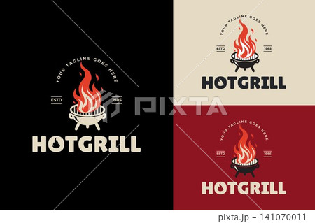 Charcoal Grill with Flame Vintage Badge Logo for Barbecue Restaurant, Outdoor Cooking, Smokehouse, Catering and Grill Business 141070011