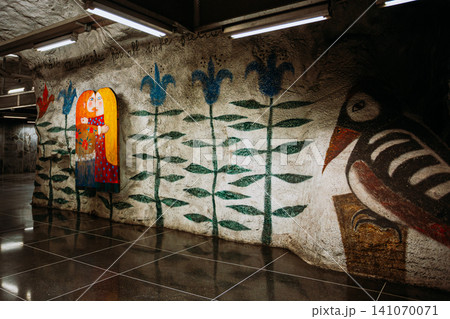 Colorful bird and flower mosaic mural at Akalla metro station, Stockholm 141070071