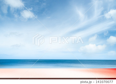 Summer background nature travel, cement table on sea blue sky, top deck mockup product beauty cosmetic presentation, stage on water island at coast backdrop tourism relax , tropical ocean ecosystem. 141070077