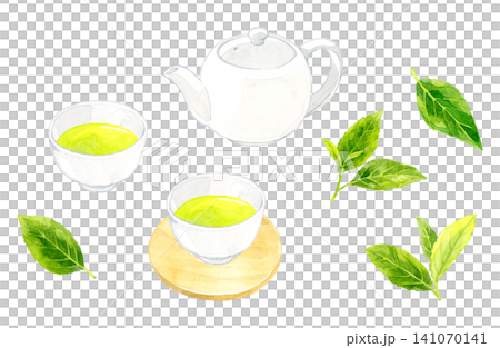 Green tea, teapot, and tea leaves set - Hand-drawn watercolor illustration material Green tea, teapot, and tea leaves set - Hand-drawn watercolor illustration material 141070141