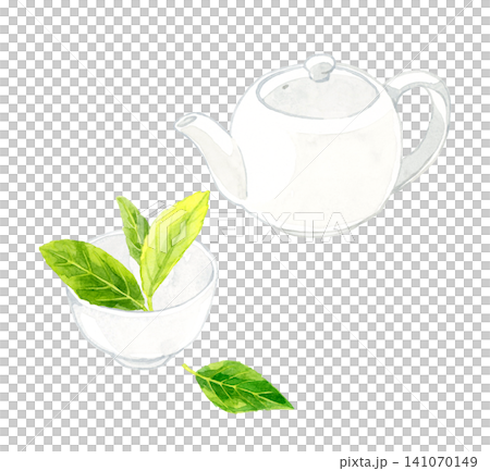 茶壺和茶杯，配上綠茶葉－手繪水彩插畫素材 141070149