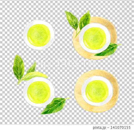 A set of green tea and tea leaves viewed from directly above - Hand-drawn watercolor illustration material A set of green tea and tea leaves viewed from directly above - Hand-drawn watercolor illustration material 141070155