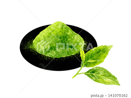 お抹茶と茶葉 手描き水彩イラスト素材 お抹茶と茶葉 手描き水彩イラスト素材 141070162