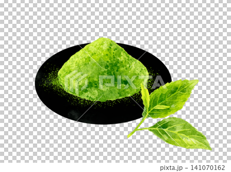 お抹茶と茶葉 手描き水彩イラスト素材 お抹茶と茶葉 手描き水彩イラスト素材 141070162