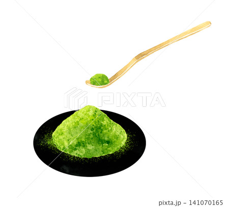 お皿に盛ったお抹茶と茶杓　手描き水彩イラスト素材 141070165