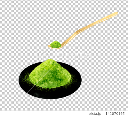 お皿に盛ったお抹茶と茶杓　手描き水彩イラスト素材 141070165
