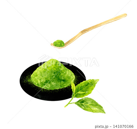 お皿に盛ったお抹茶と茶杓 手描き水彩イラスト素材 お皿に盛ったお抹茶と茶杓 手描き水彩イラスト素材 141070166