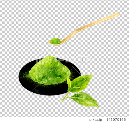 お皿に盛ったお抹茶と茶杓 手描き水彩イラスト素材 お皿に盛ったお抹茶と茶杓 手描き水彩イラスト素材 141070166