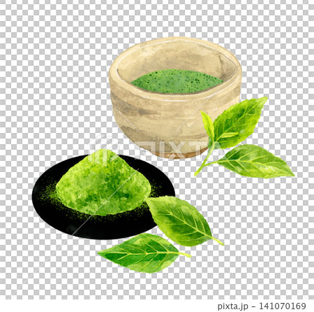 抹茶和茶葉 - 手繪水彩插畫素材 抹茶和茶葉 - 手繪水彩插畫素材 141070169