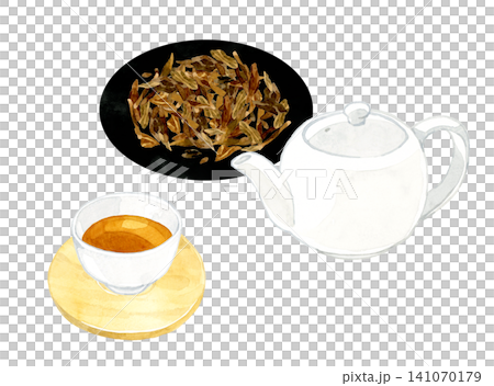 Roasted green tea, tea leaves, and teapot - Hand-drawn watercolor illustration material Roasted green tea, tea leaves, and teapot - Hand-drawn watercolor illustration material 141070179