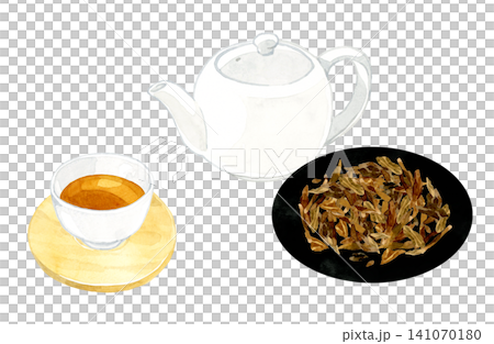 ほうじ茶と茶葉・ティーポット 手描き水彩イラスト素材 ほうじ茶と茶葉・ティーポット 手描き水彩イラスト素材 141070180