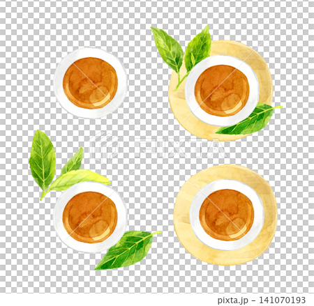A top-down view of a hojicha tea set - hand-drawn watercolor illustration material A top-down view of a hojicha tea set - hand-drawn watercolor illustration material 141070193