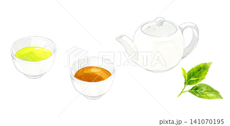 緑茶&ほうじ茶とティーポットのセット 手描き水彩イラスト素材 緑茶&ほうじ茶とティーポットのセット 手描き水彩イラスト素材 141070195