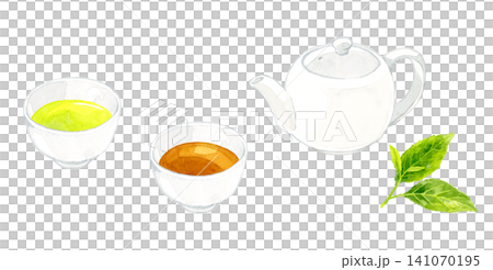 緑茶&ほうじ茶とティーポットのセット 手描き水彩イラスト素材 緑茶&ほうじ茶とティーポットのセット 手描き水彩イラスト素材 141070195