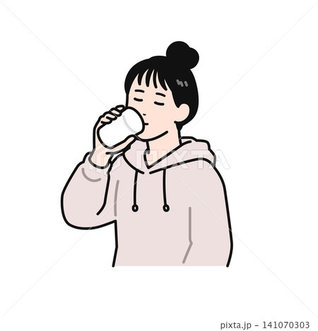 コップで水を飲むまとめ髪の若い女性のシンプルなベクターイラスト素材 コップで水を飲むまとめ髪の若い女性のシンプルなベクターイラスト素材 141070303