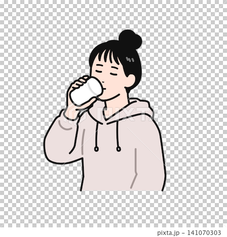 コップで水を飲むまとめ髪の若い女性のシンプルなベクターイラスト素材 コップで水を飲むまとめ髪の若い女性のシンプルなベクターイラスト素材 141070303