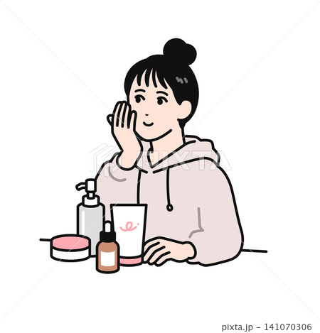 スキンケアをするまとめ髪の若い女性のシンプルなベクターイラスト素材 141070306