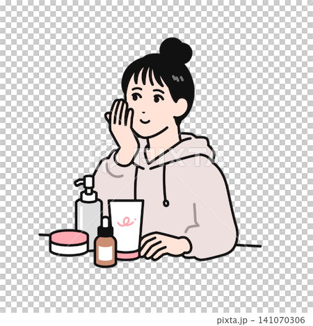 スキンケアをするまとめ髪の若い女性のシンプルなベクターイラスト素材 141070306
