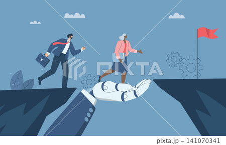 A large robotic hand that helps business team overcome cliffs or obstacles, Support or help solve problems, Support with artificial intelligence, Working with AI. Vector design illustration. 141070341
